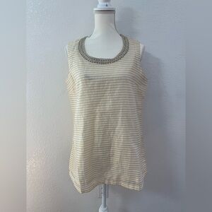 FABINDIA Silk Blend Beaded Striped Sleeveless Blouse Beige White Linen Size L